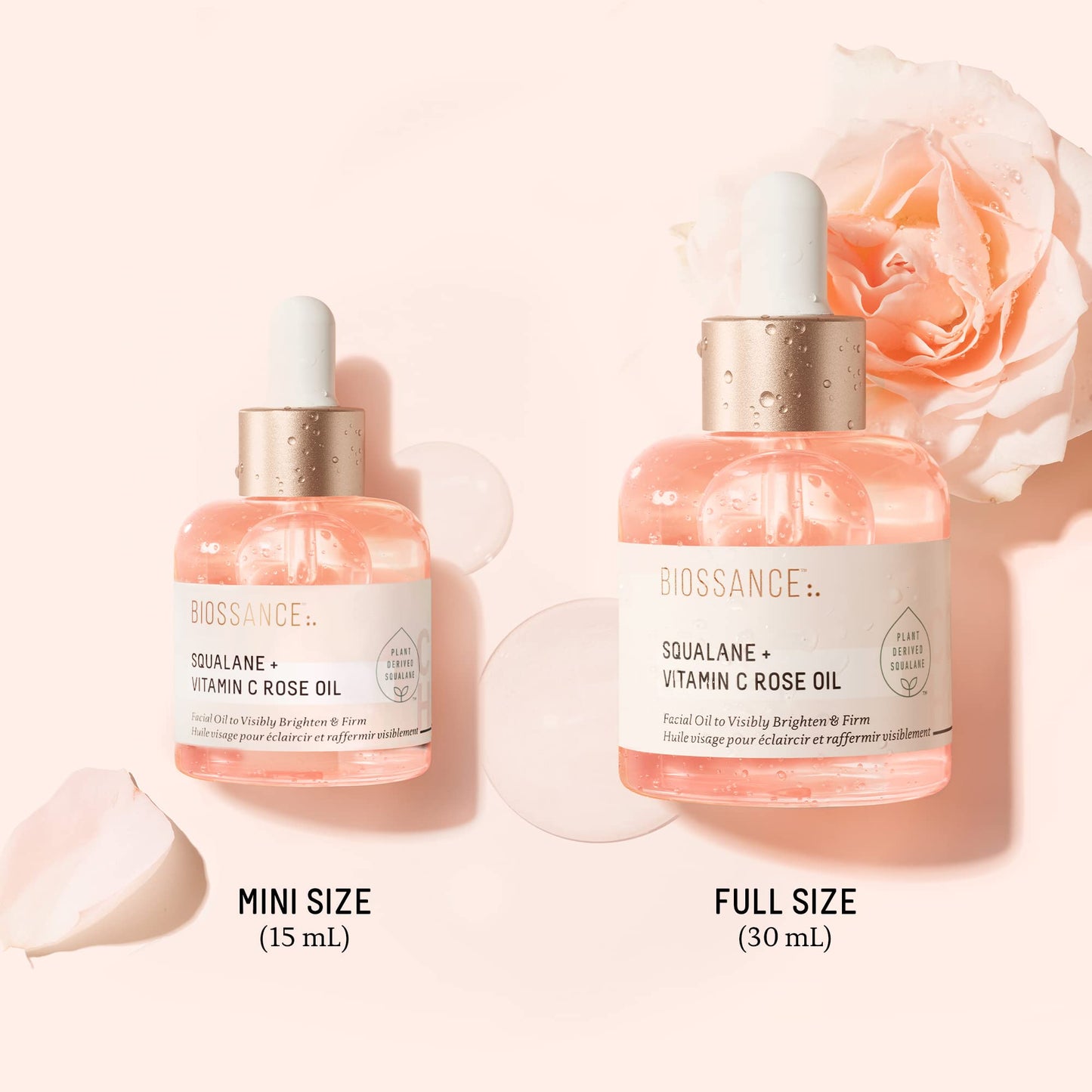Biossance squalane luxury facial oil bottle highlighting its vegan and cruelty free skincare seals.