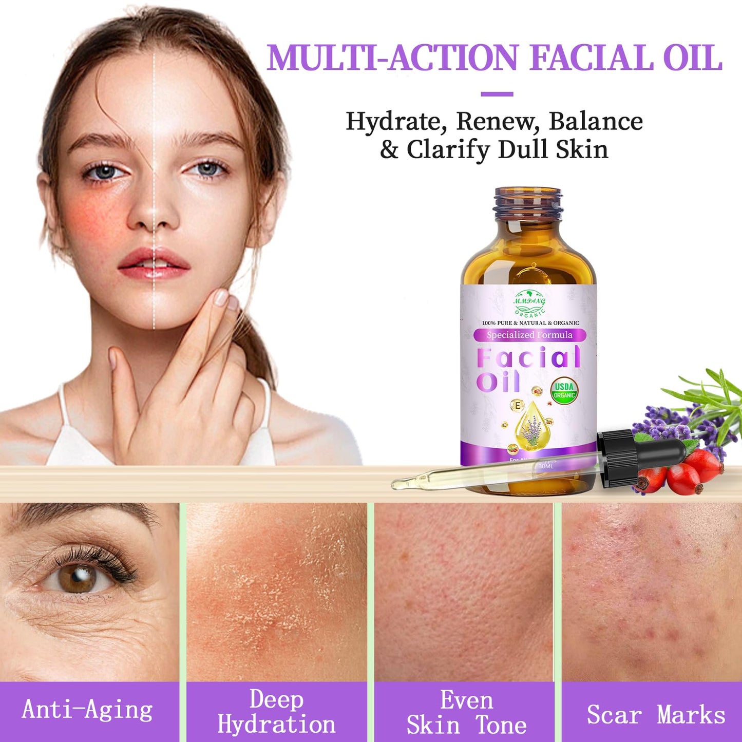 MMPANG facial oil dropper bottle showcasing the clear natural cold-pressed serum texturing