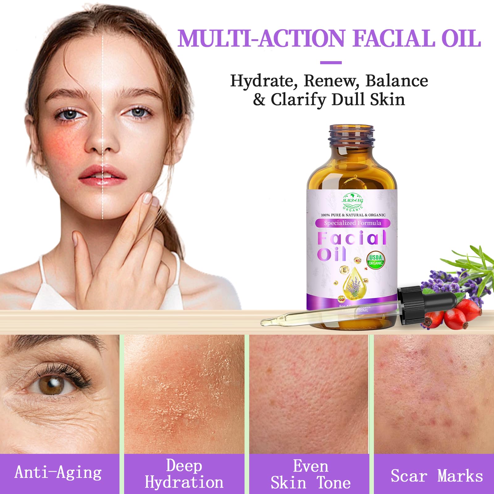 MMPANG facial oil dropper bottle showcasing the clear natural cold-pressed serum texturing