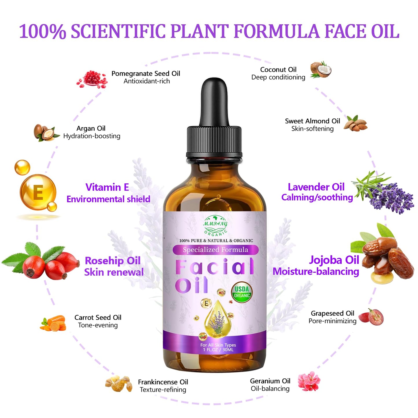 MMPANG anti-aging face oil packaging highlighting key ingredients like lavender and rosehip seed oil