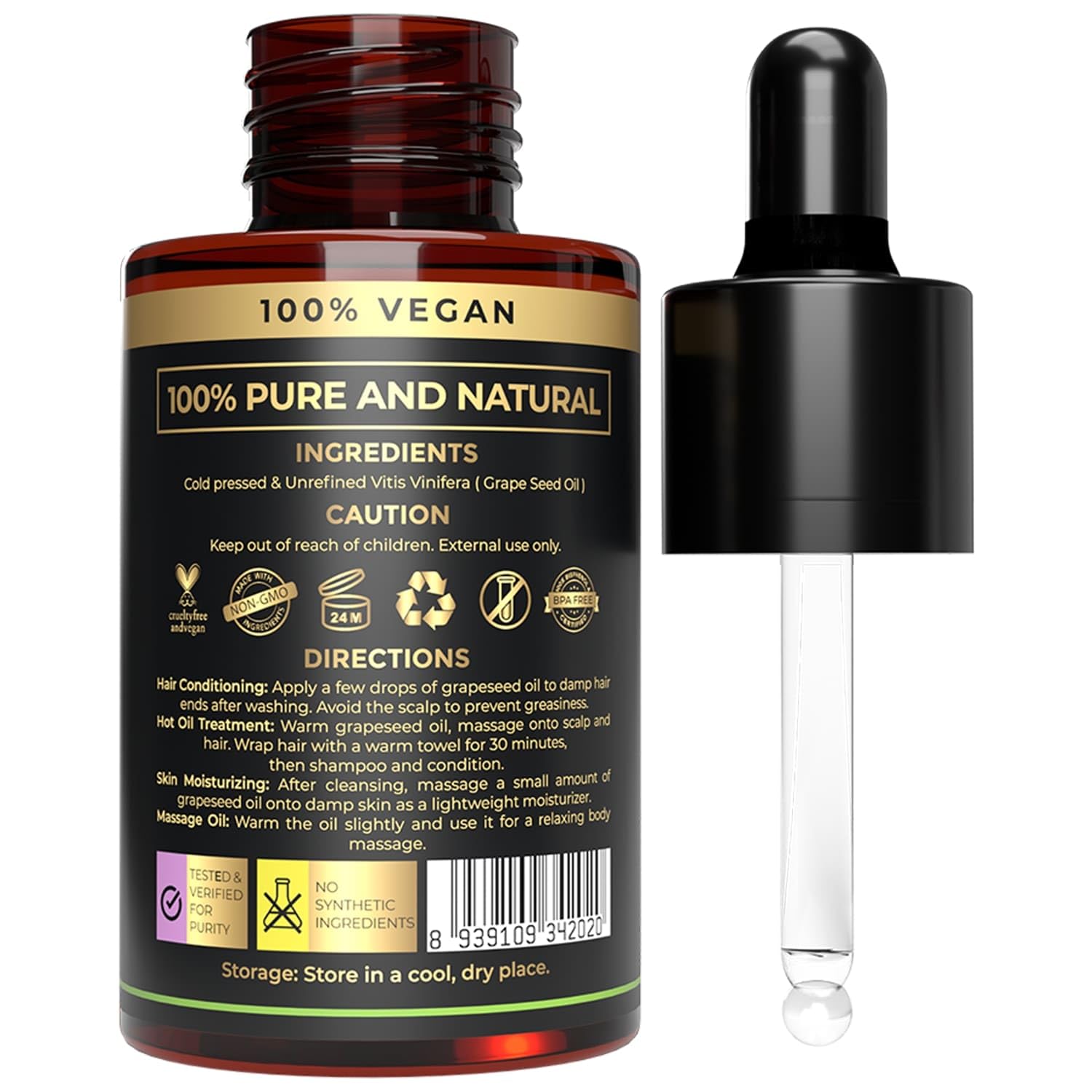 Cold pressed non GMO grape seed oil for face moisturizer and hair care packaging