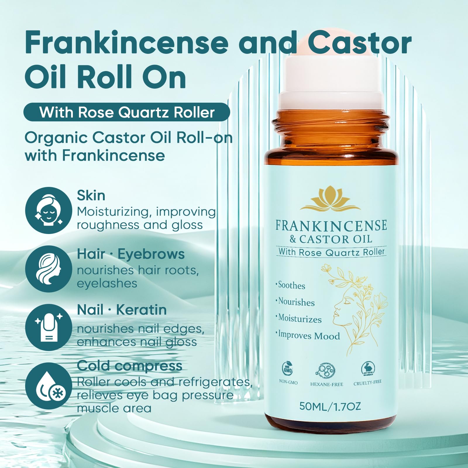 Close-up view of the genuine rose quartz crystal roller ball on the Fibosara organic skincare roll-on bottle.