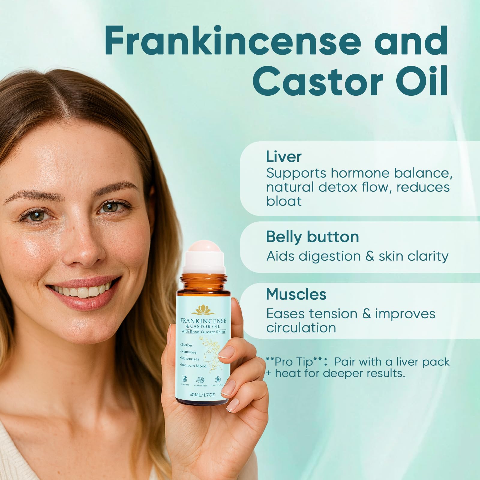 The outer packaging of Fibosara Frankincense and Castor Oil highlighting its 100% pure and cold-pressed certifications.