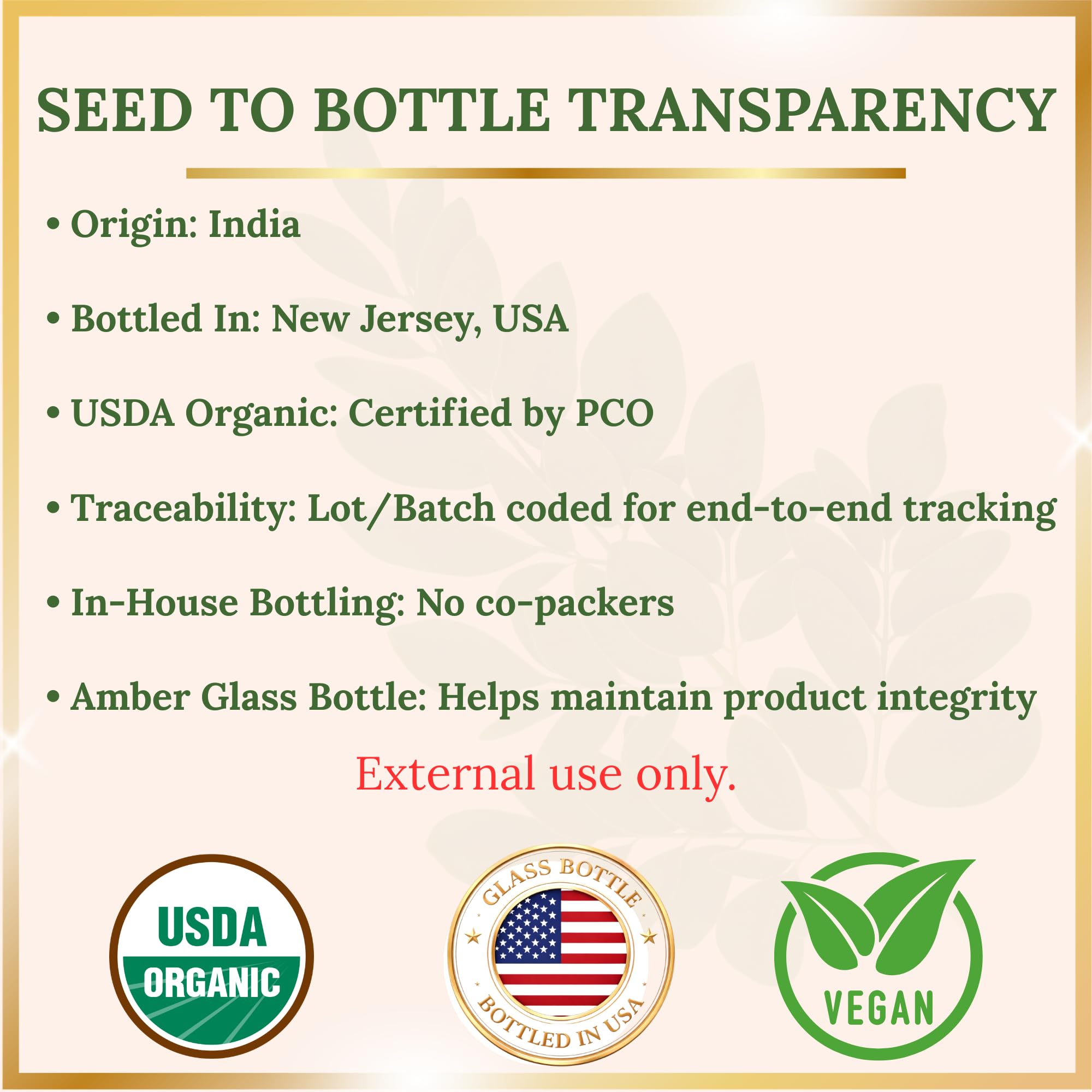 Pure cold pressed unrefined moringa oil in amber glass bottle for hair and skin hydration