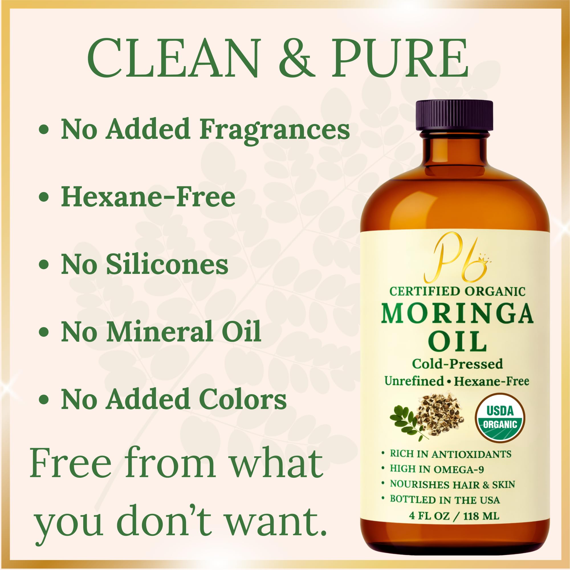 Organic non greasy moringa oil bottle with dropper for natural anti aging skincare routine