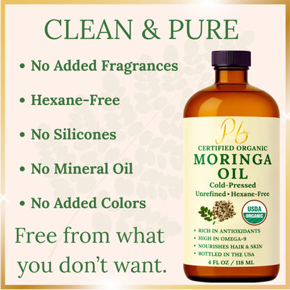 Organic non greasy moringa oil bottle with dropper for natural anti aging skincare routine
