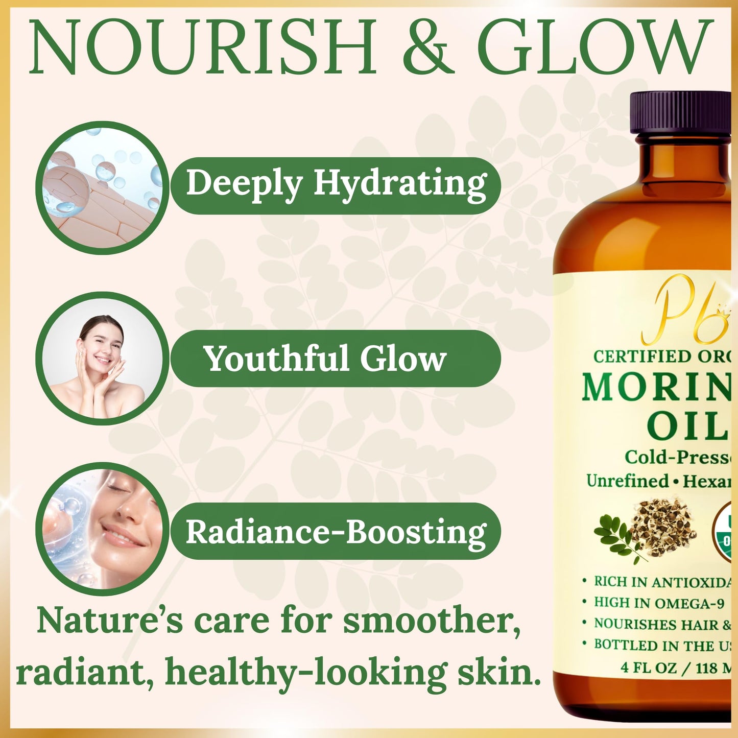 Pomberries certified organic moringa seed carrier oil for deep hair conditioning and scalp care