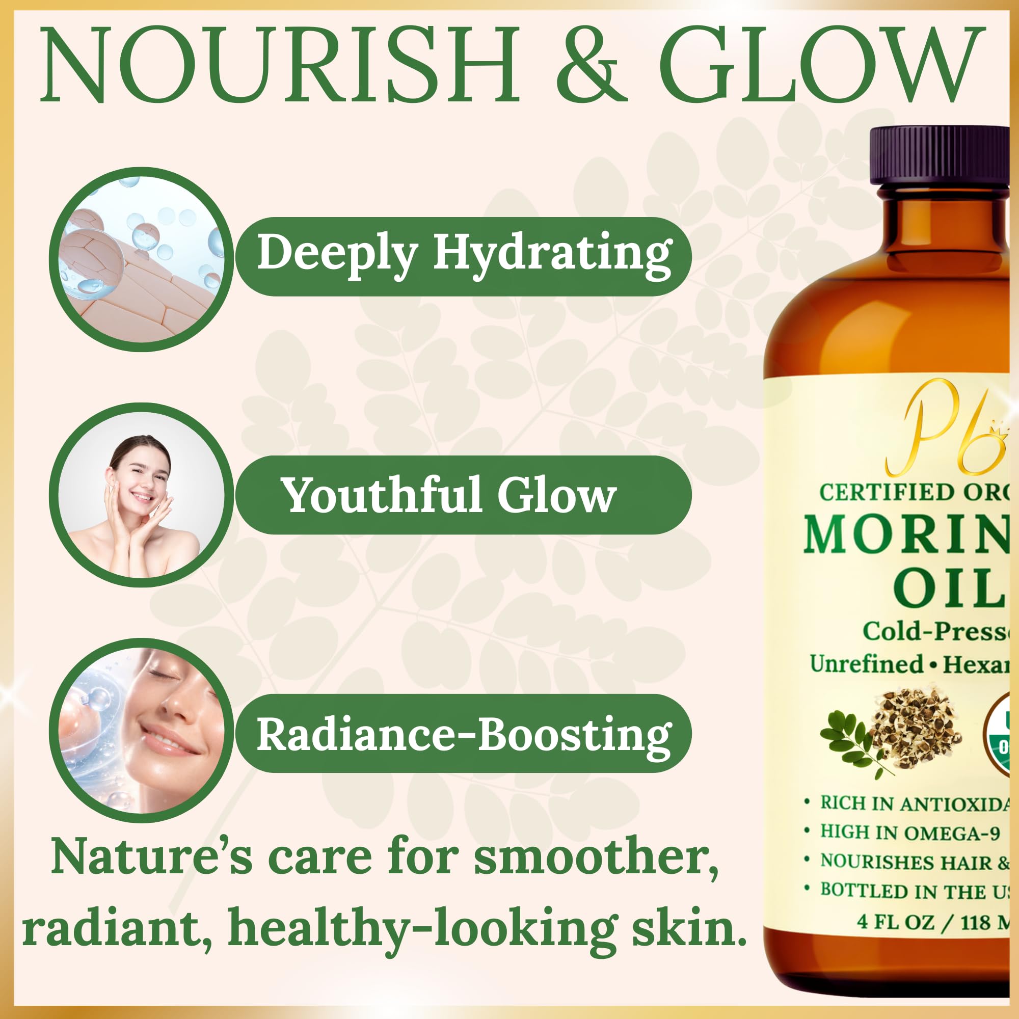 Pomberries certified organic moringa seed carrier oil for deep hair conditioning and scalp care