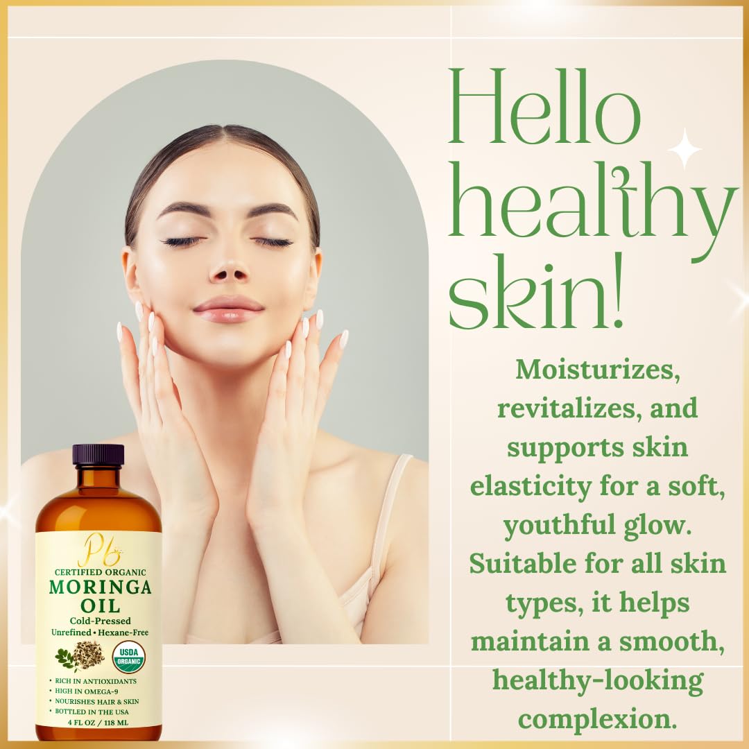 Hexane free unrefined moringa oleifera seed oil packaging showing ingredients and organic certification