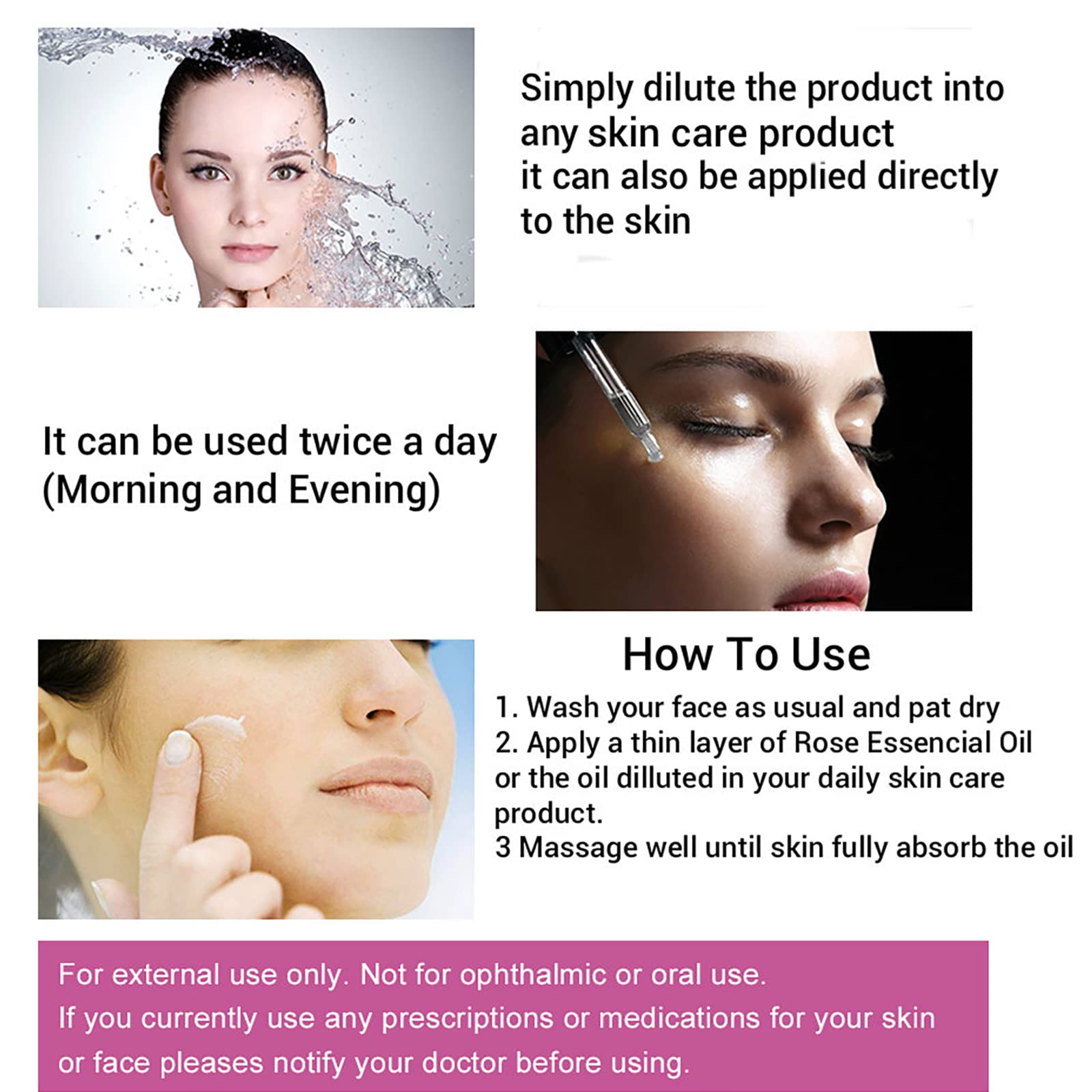 BabyFaceDiary Rose Essential Oil side view highlighting ingredients like hyaluronic acid