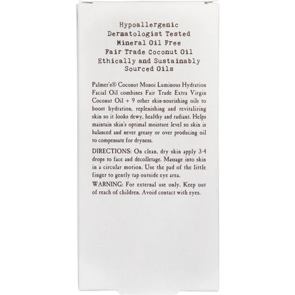 Authentic Palmer's coconut monoi facial oil import packaging on display
