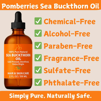 Unrefined sea buckthorn fruit oil dropper bottle showcasing the natural rich orange liquid texture