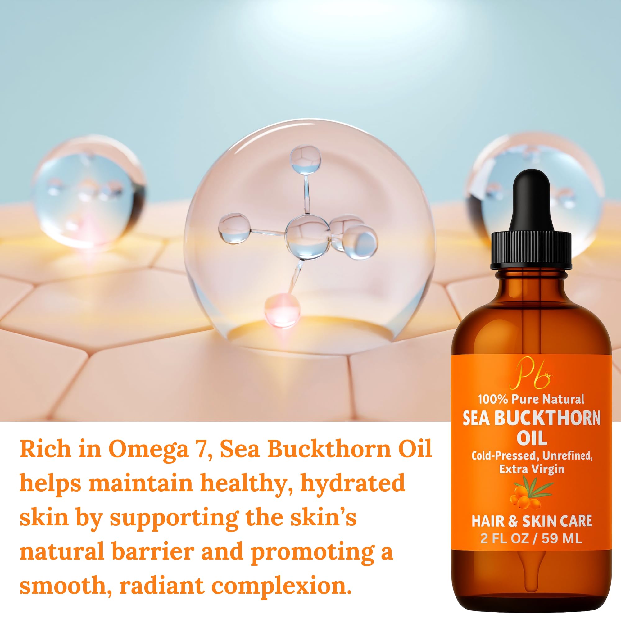 Two fluid ounce bottle of premium sea buckthorn oil highlighting the protective amber glass packaging