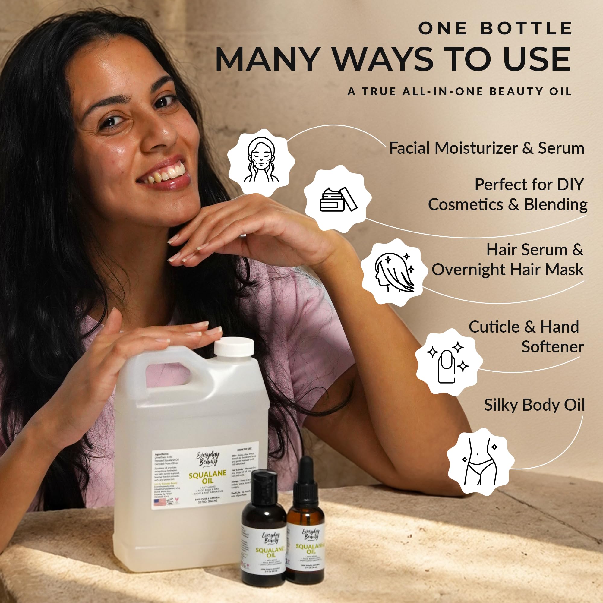 Everyday Beauty non comedogenic plant derived squalane oil being applied to hair ends for frizz control