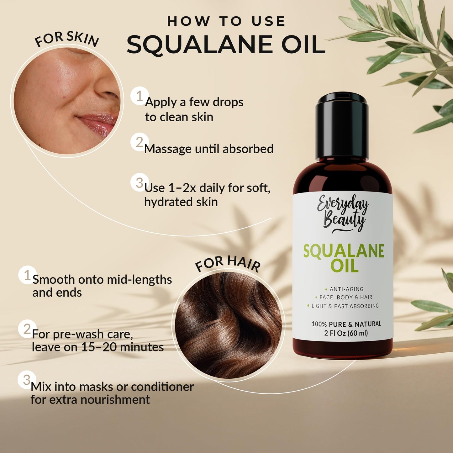 Everyday Beauty 2 fluid ounce premium grade squalane oil bottle showing ingredient information