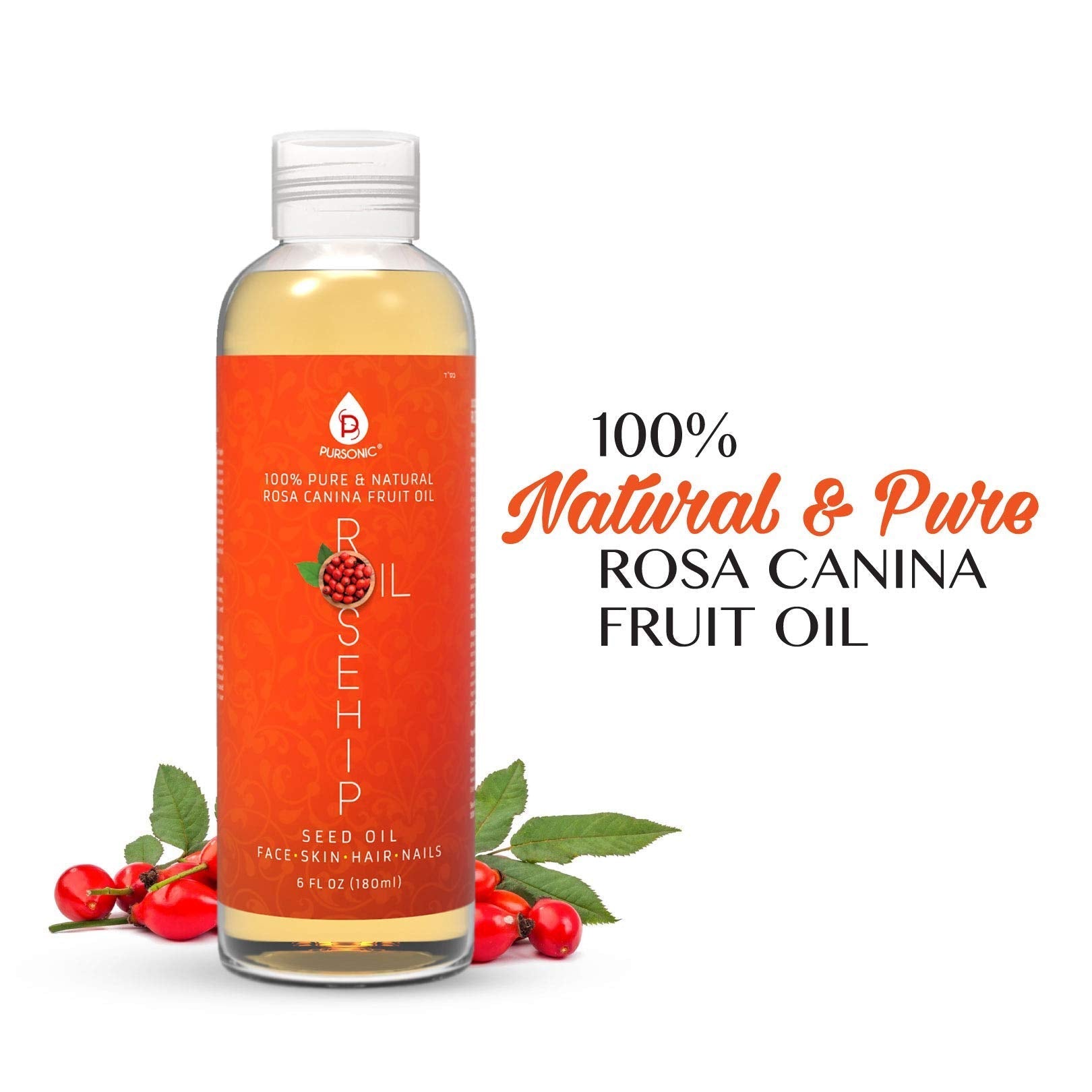 Pursonic Rosehip Oil six fluid ounce packaging showing ingredients and directions for scar and stretch mark care