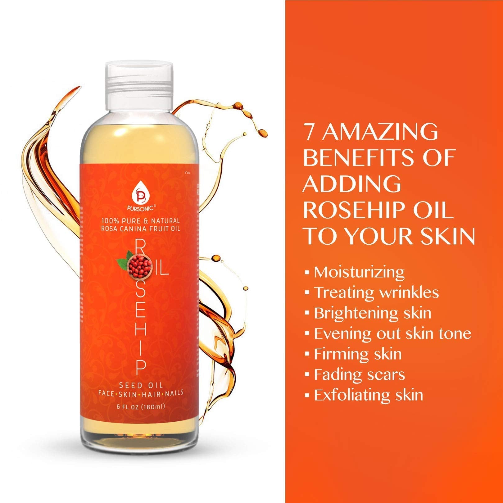 Pursonic rosehip moisturizing oil bottle next to natural rose seeds emphasizing cold pressed botanical purity