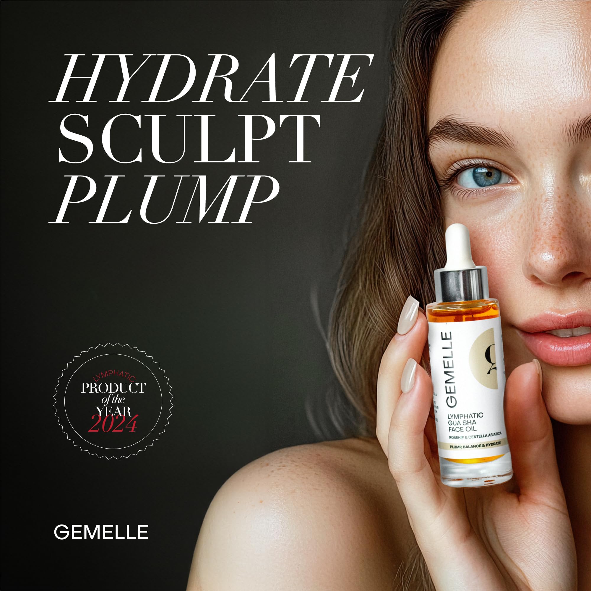 GEMELLE botanical face oil dropper bottle showcasing the rich antioxidant orange color