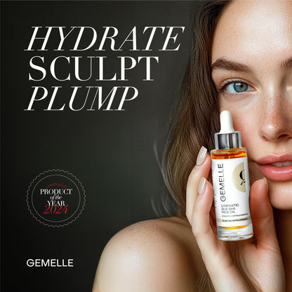 GEMELLE botanical face oil dropper bottle showcasing the rich antioxidant orange color