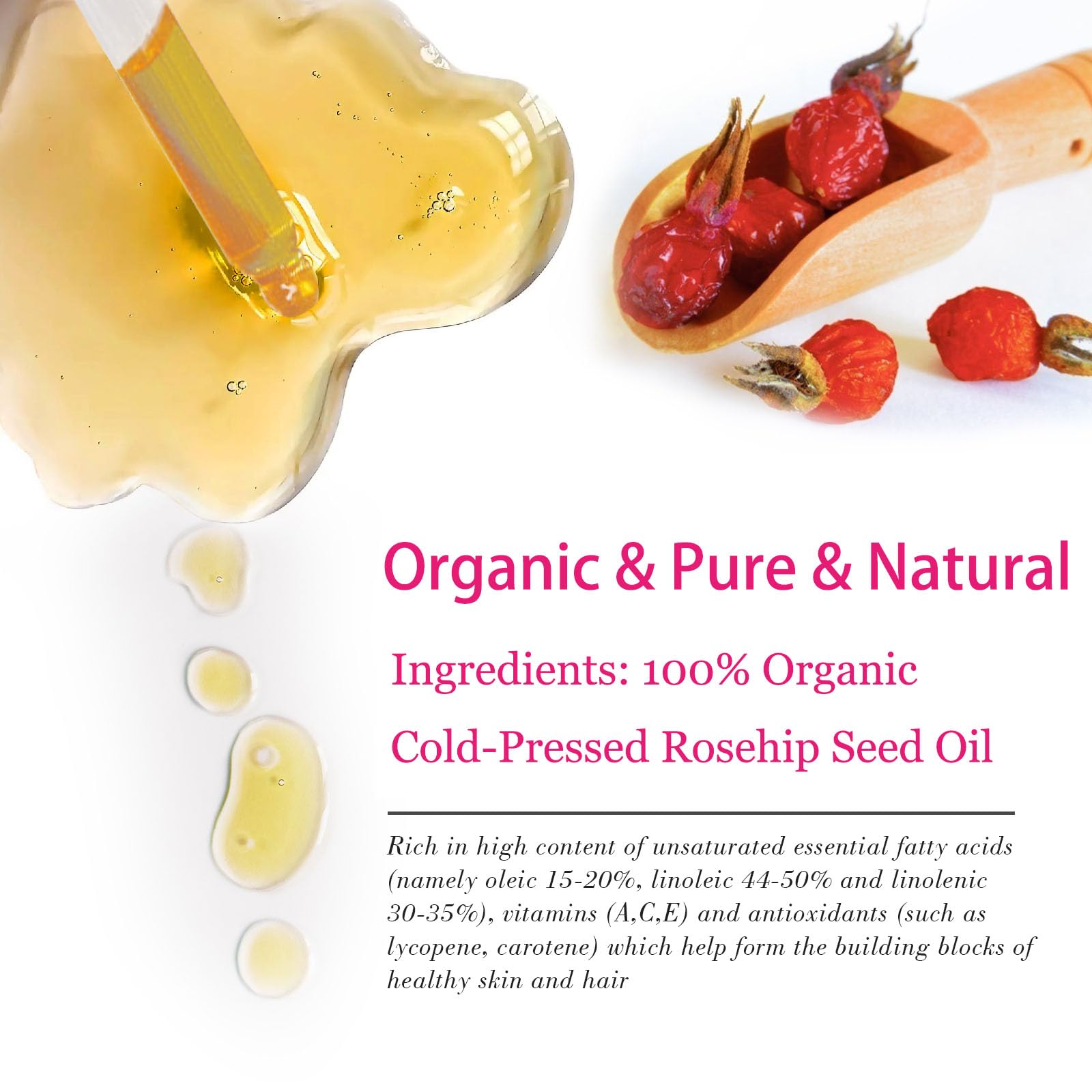 USDA Certified organic cold pressed rosehip oil packaging details showing unrefined formula