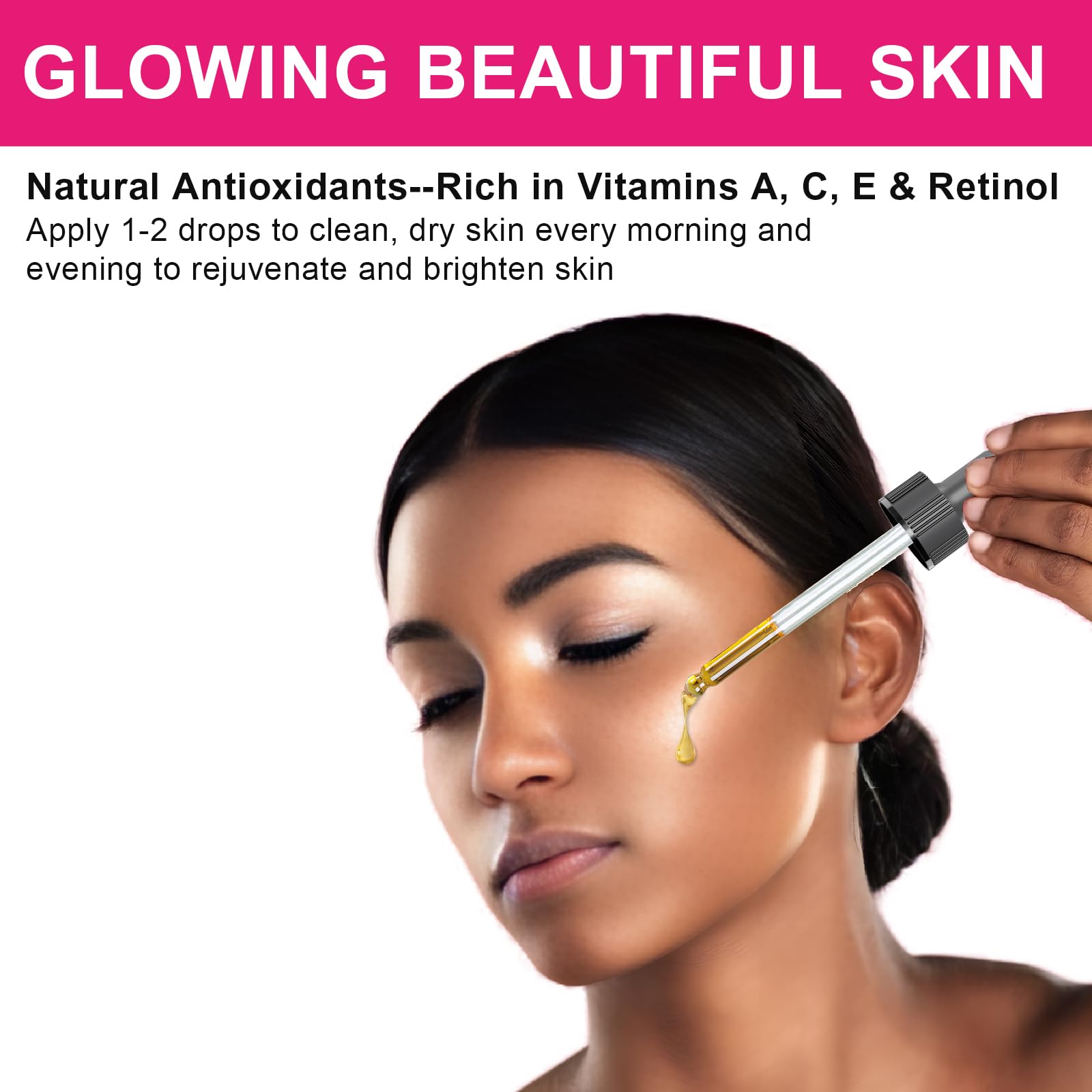 Pure natural rosehip oil dropper bottle being used for anti aging skincare
