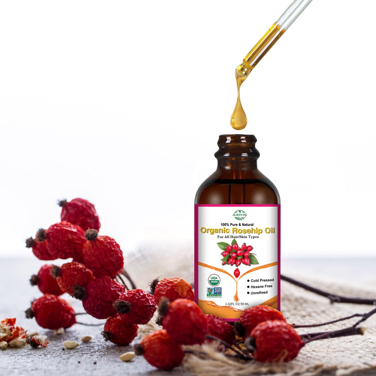 Imported USA organic rosehip seed oil bottle on clean background