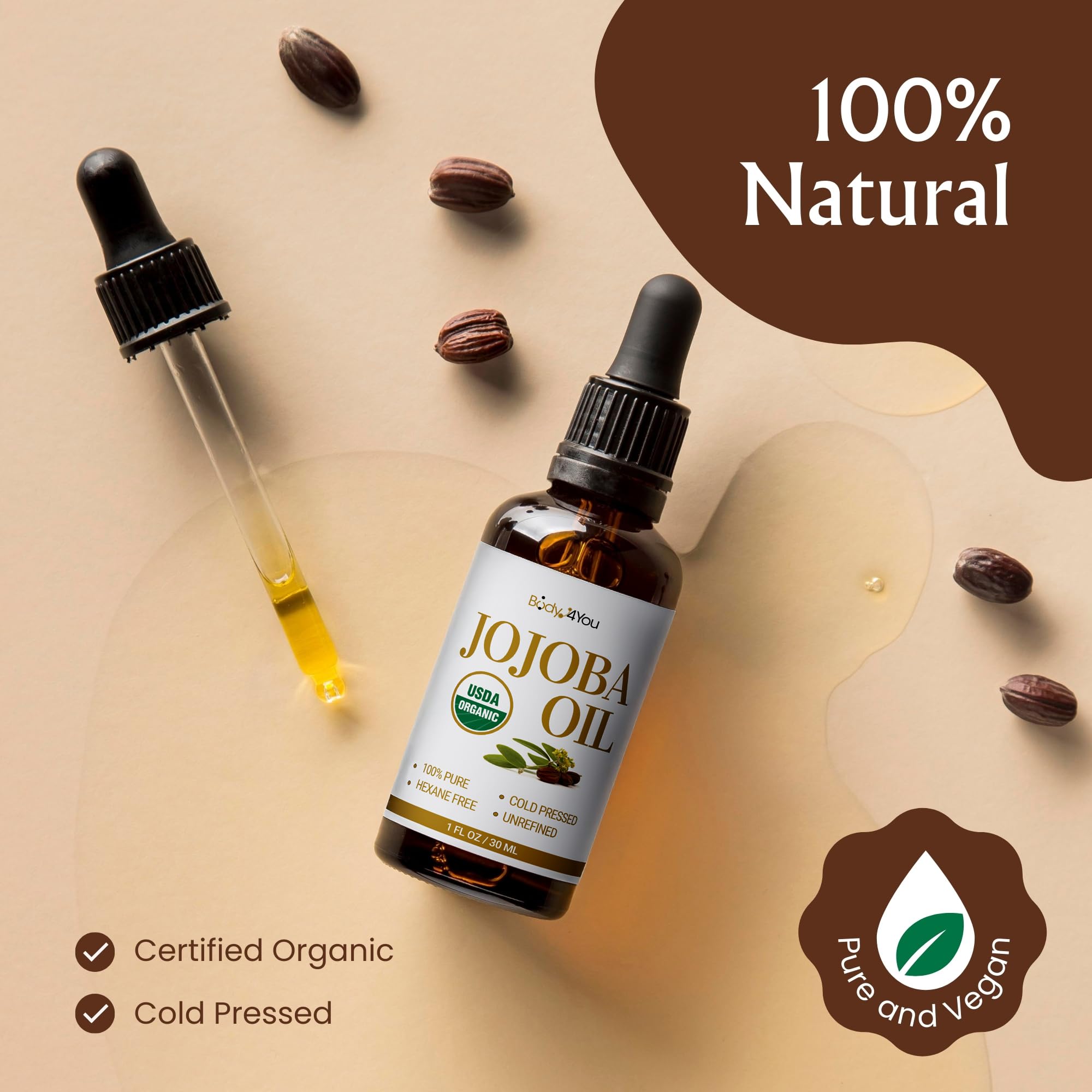 BodyJ4You pure cold pressed jojoba oil amber glass packaging for product freshness