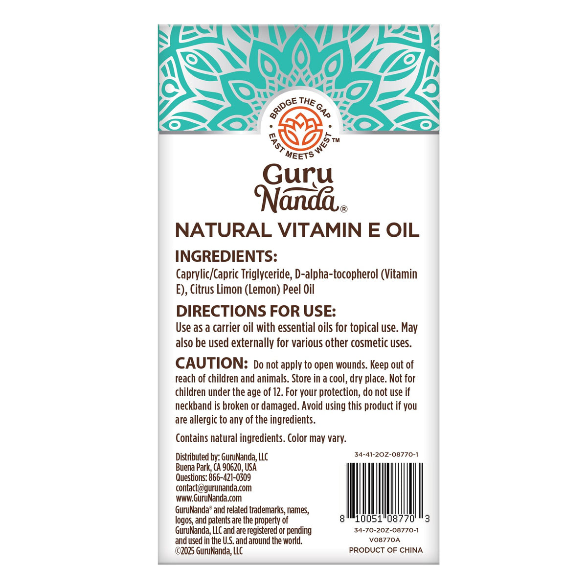 Back label of GuruNanda vitamin E oil showing ingredients