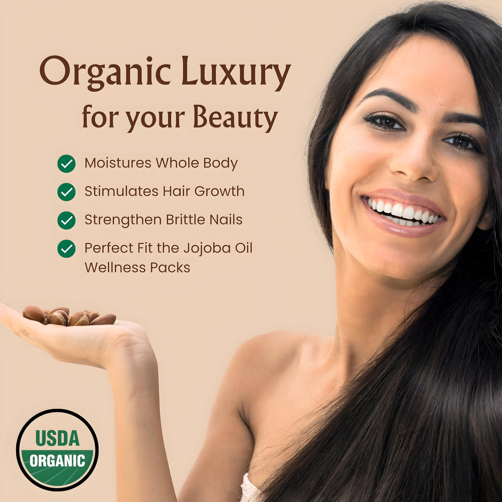 Amber glass bottle of organic jojoba oil on natural surface