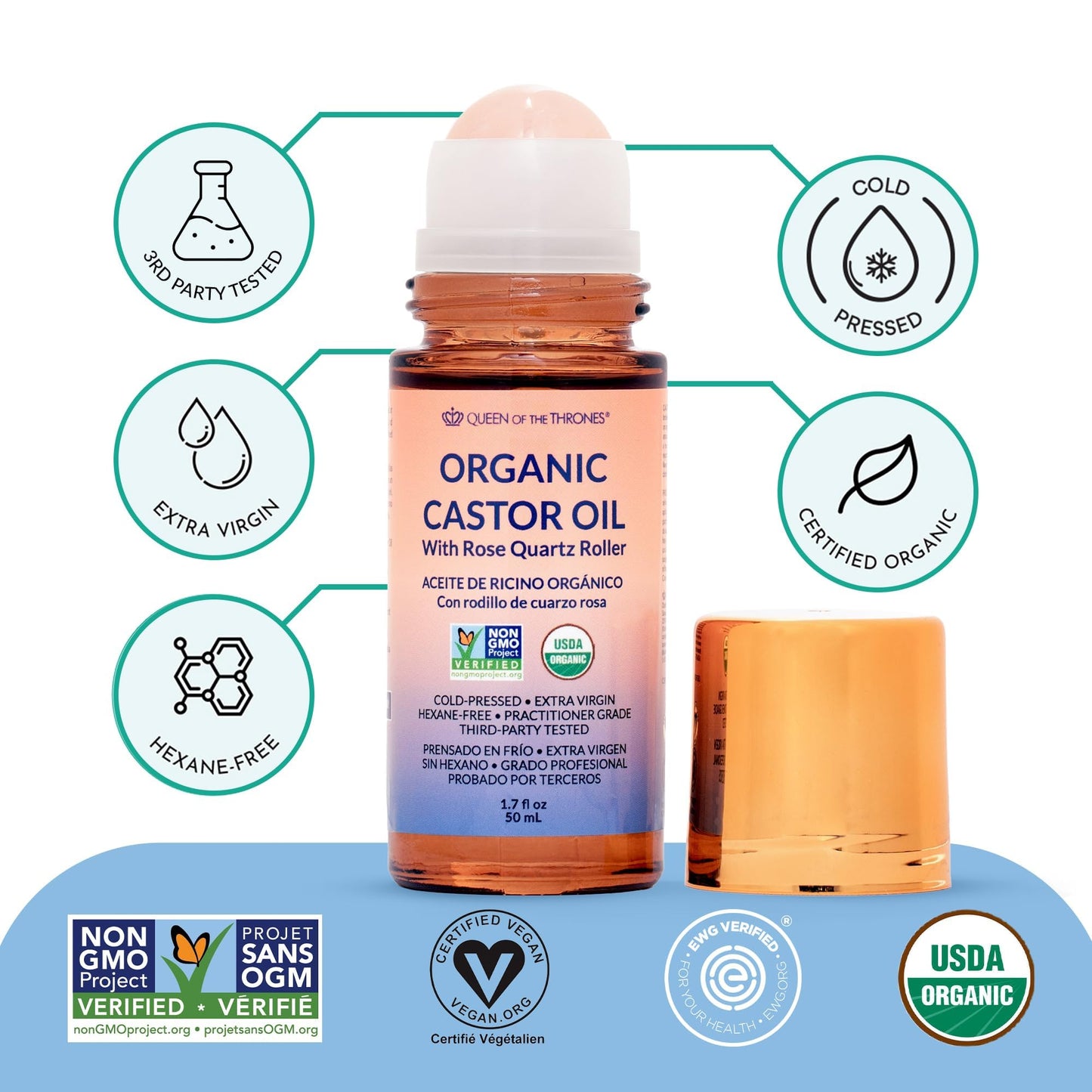 Close up of the genuine rose quartz roller head on the organic castor oil bottle for face and brows