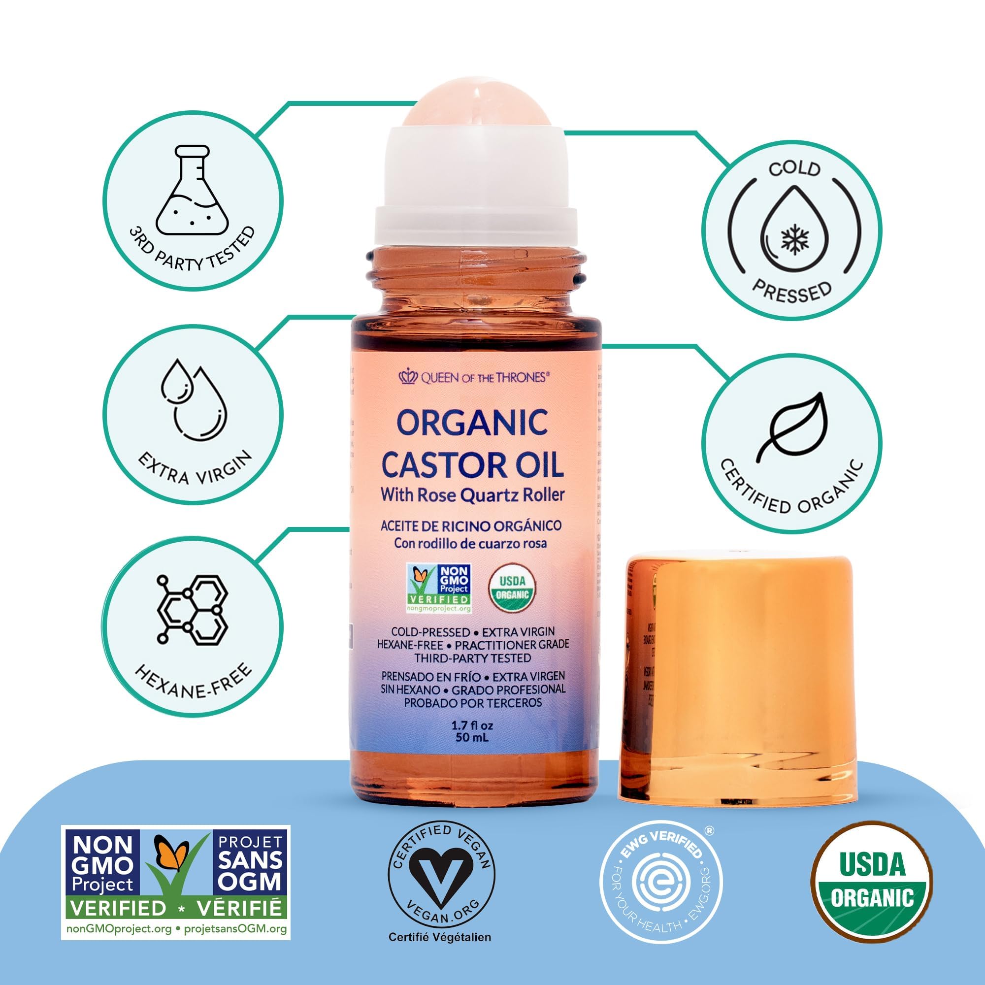 Close up of the genuine rose quartz roller head on the organic castor oil bottle for face and brows