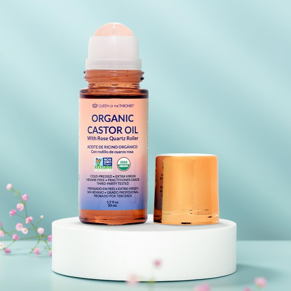 Premium imported USA organic golden castor oil roll on packaging detailing hexane free and cold pressed benefits
