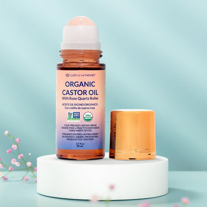 Premium imported USA organic golden castor oil roll on packaging detailing hexane free and cold pressed benefits