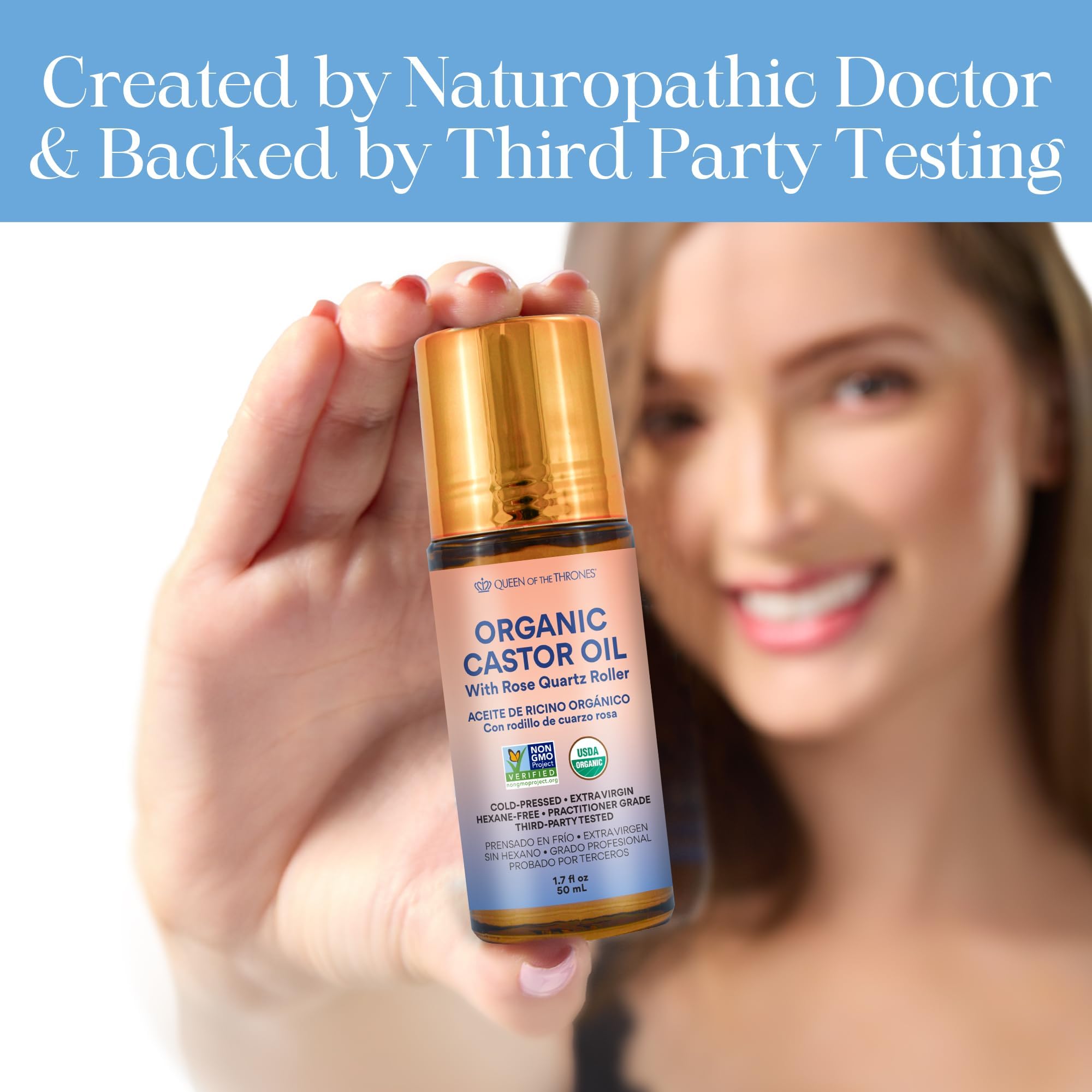 The 1.7 ounce bottle of cold pressed organic castor oil showing the certified organic seal