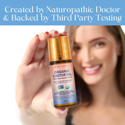 The 1.7 ounce bottle of cold pressed organic castor oil showing the certified organic seal