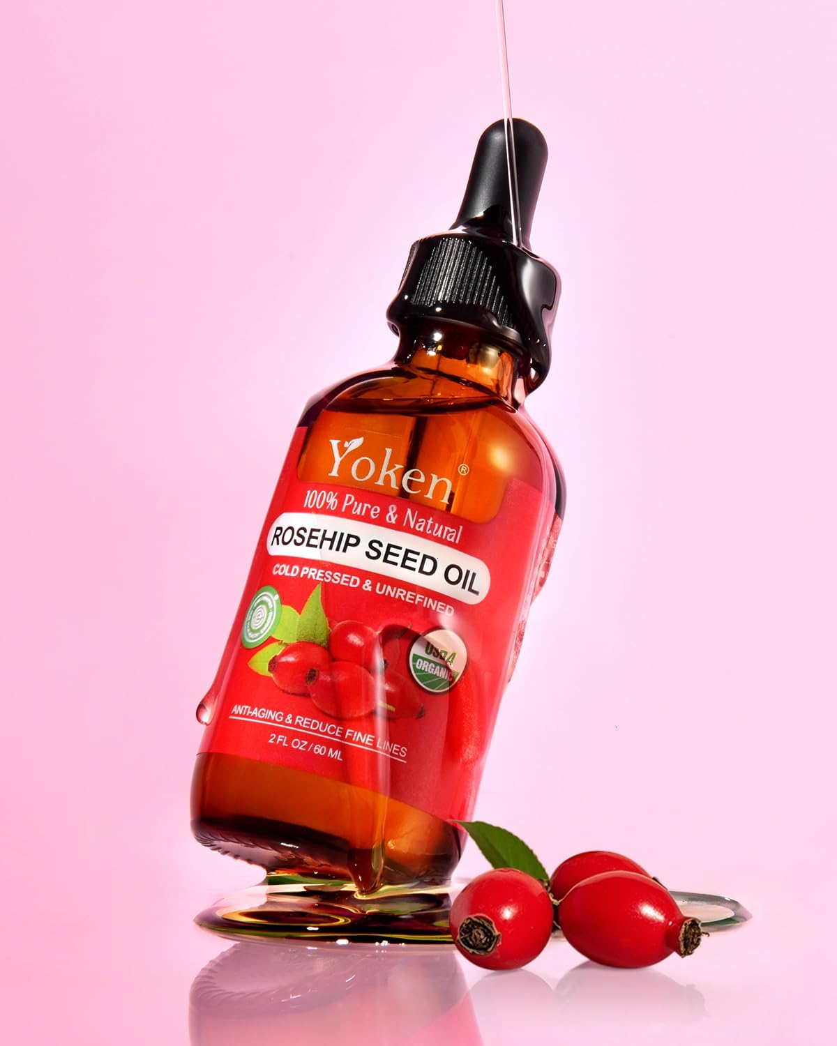Yoken cold pressed unrefined rosehip carrier oil showing the natural lightweight texture