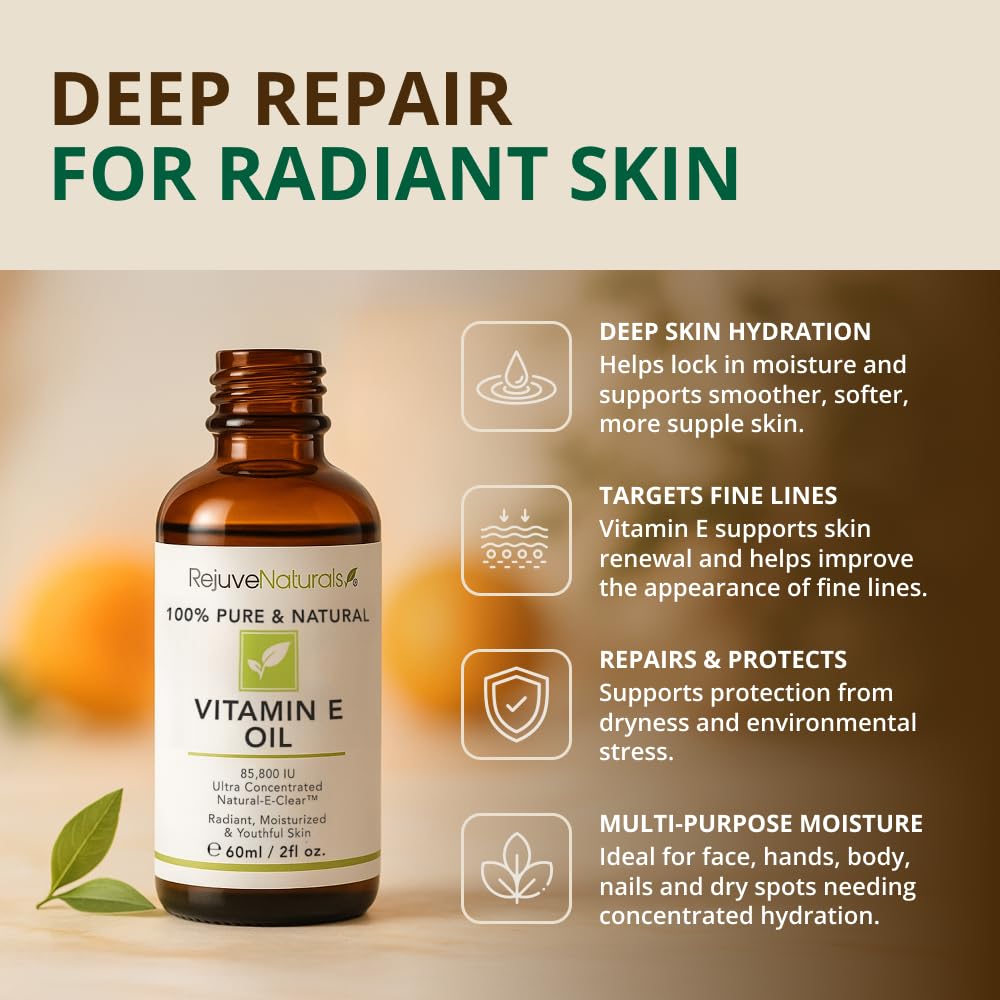 RejuveNaturals 42900 IU natural vitamin E oil bottle displaying pure d-alpha tocopherol ingredients