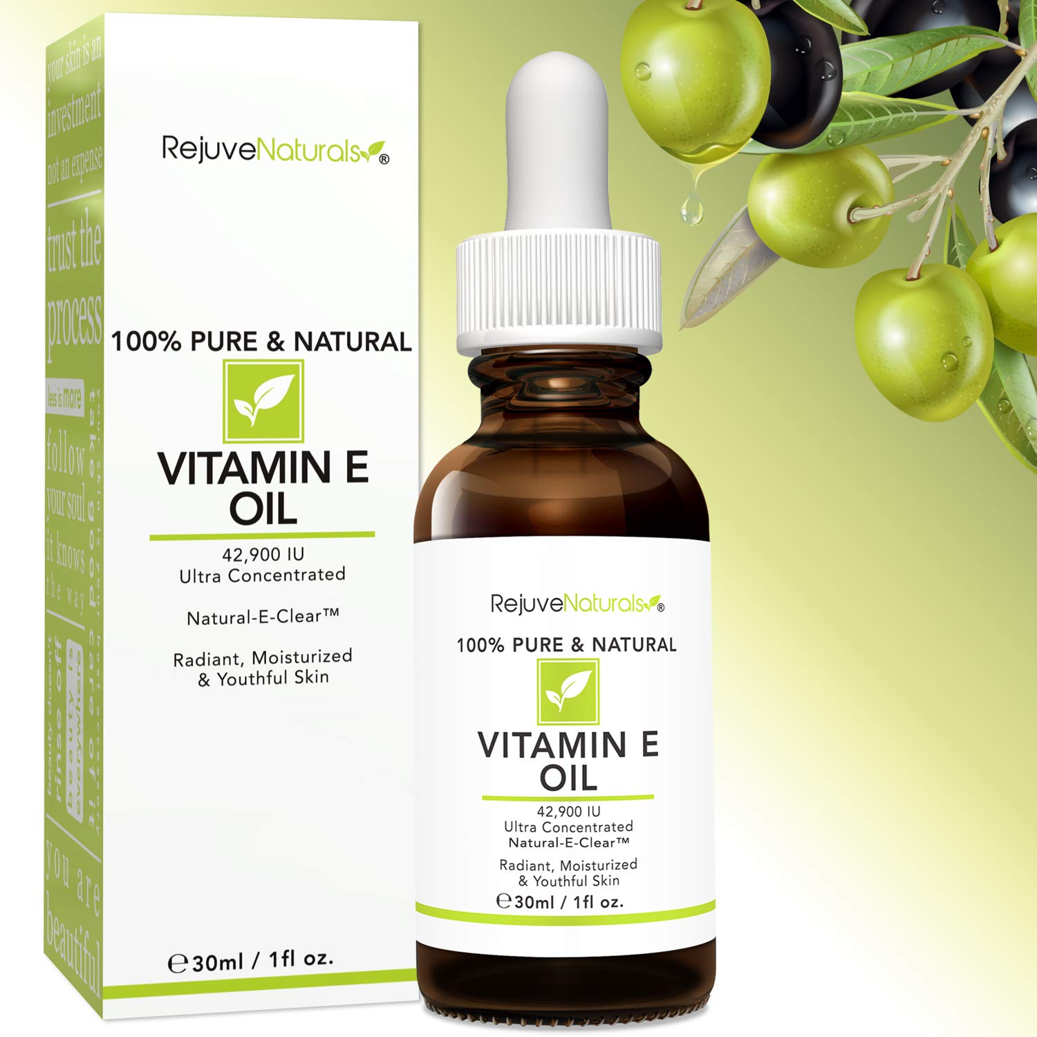 RejuveNaturals ultra concentrated vitamin E oil being applied as a collagen boosting facial treatment