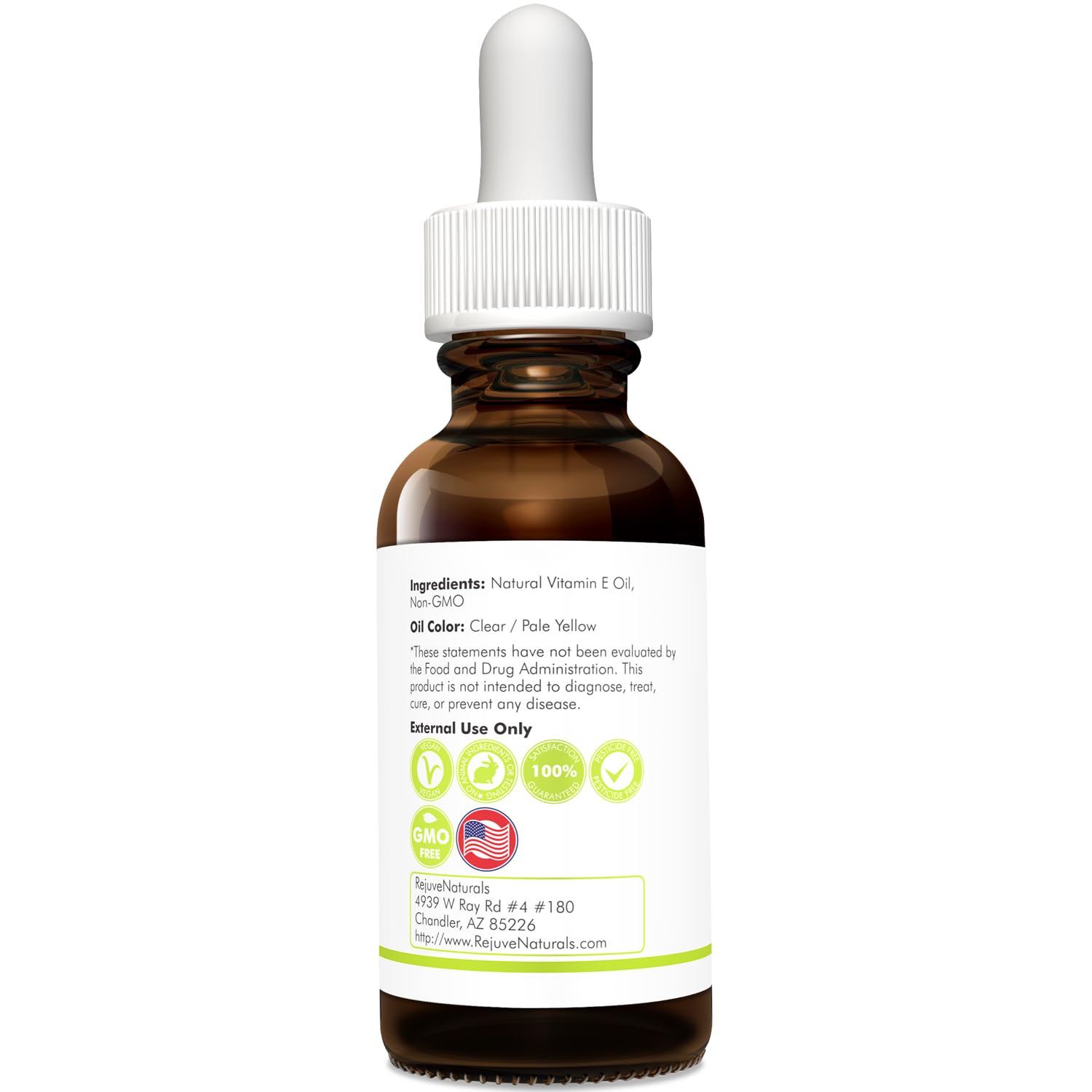 RejuveNaturals authentic imported vitamin E oil clear glass bottle highlighting premium golden liquid texture