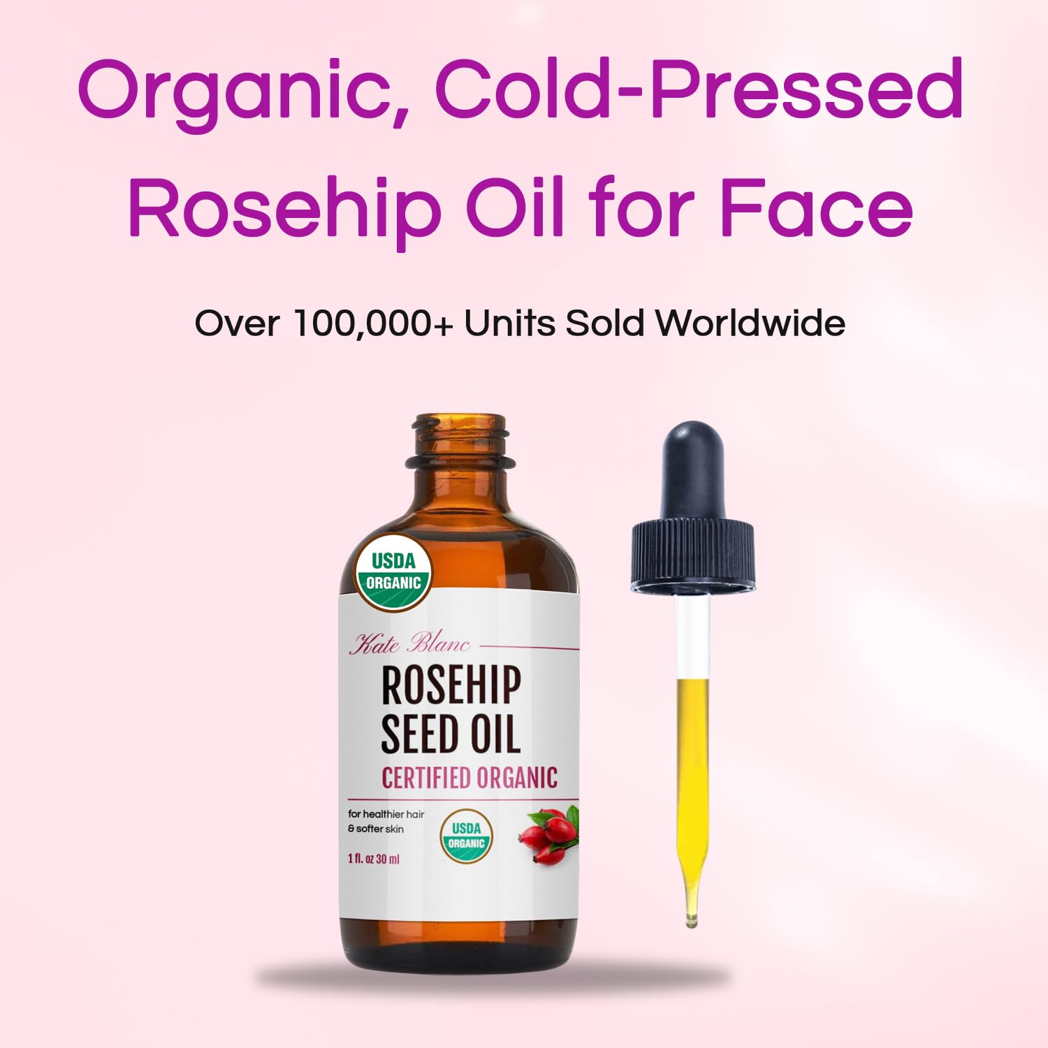 Kate Blanc Cosmetics organic rosehip oil dropper bottle for glowy skin