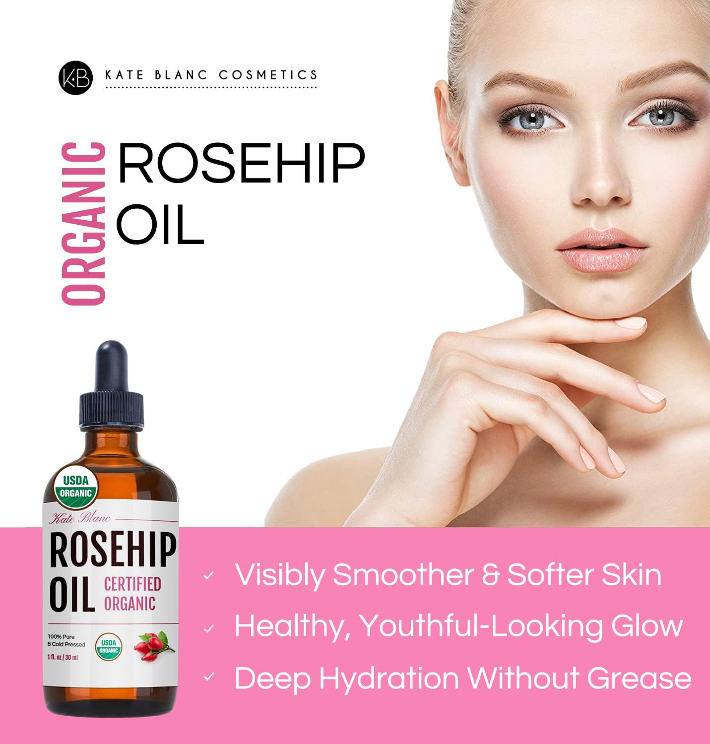 Cold pressed unrefined rosehip oil by Kate Blanc for acne scars