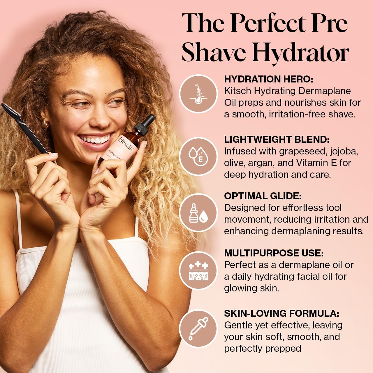 Kitsch Hydrating Dermaplane Face Oil packaging showing ingredients list
