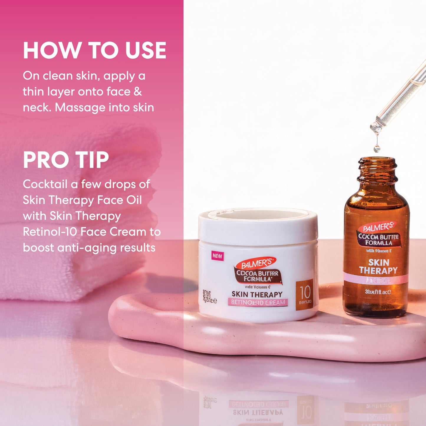 Non-comedogenic face oil by Palmer's displayed to show product benefits and oil blend details.