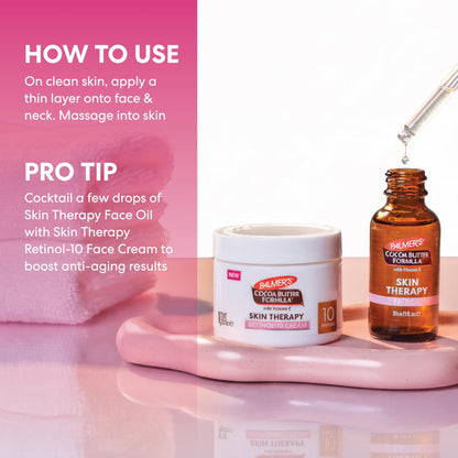 Non-comedogenic face oil by Palmer's displayed to show product benefits and oil blend details.
