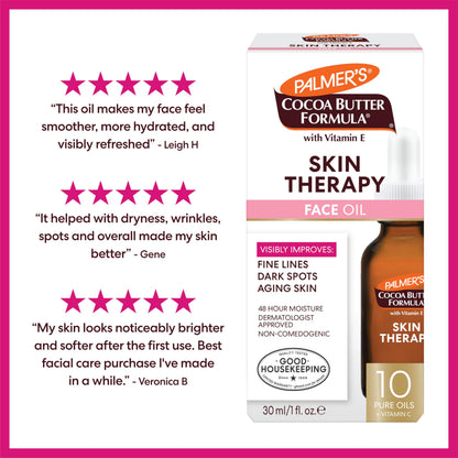 Back view of Palmer's Skin Therapy Face Oil highlighting directions for use and ingredients.
