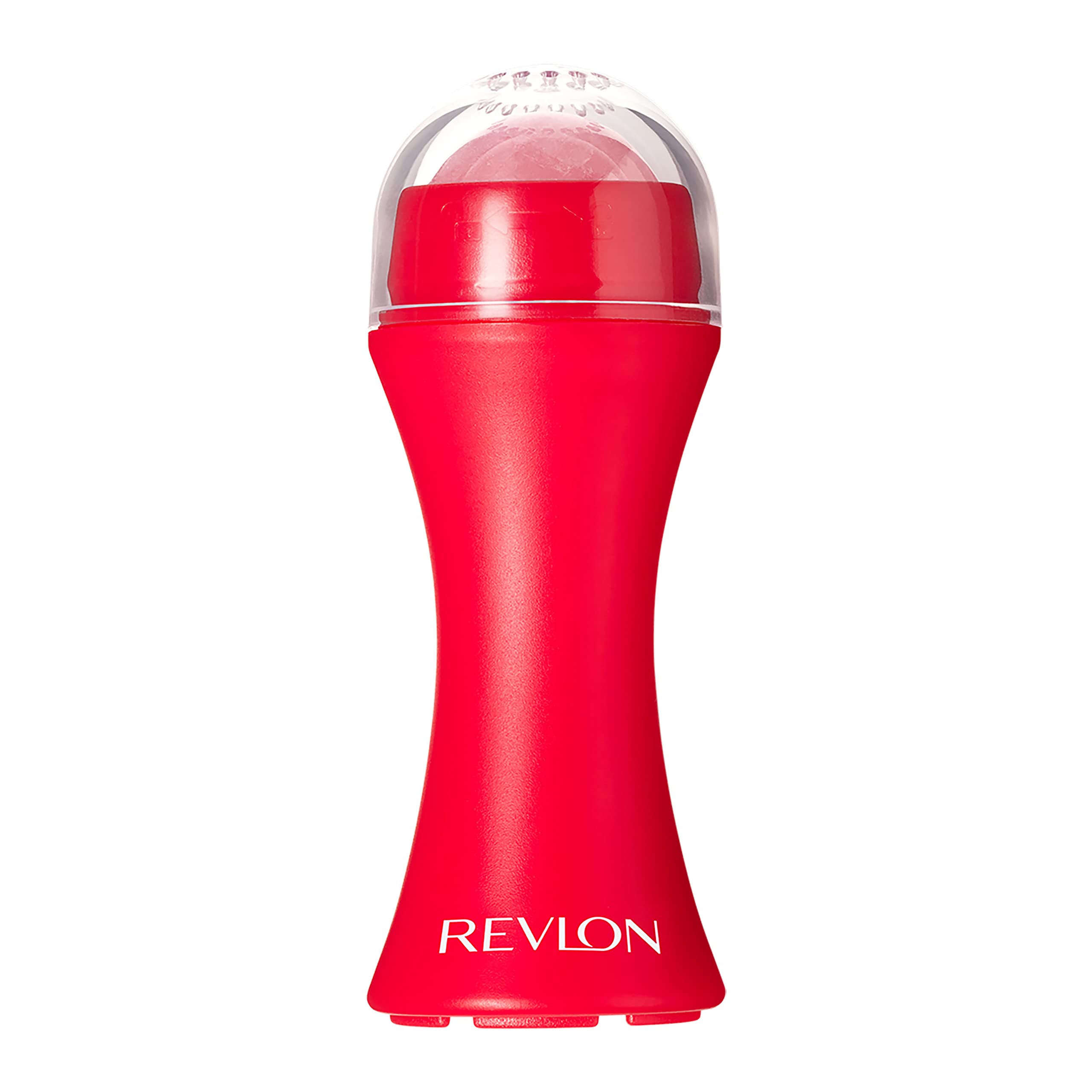 Revlon Rose Quartz face roller showing compact red handle design