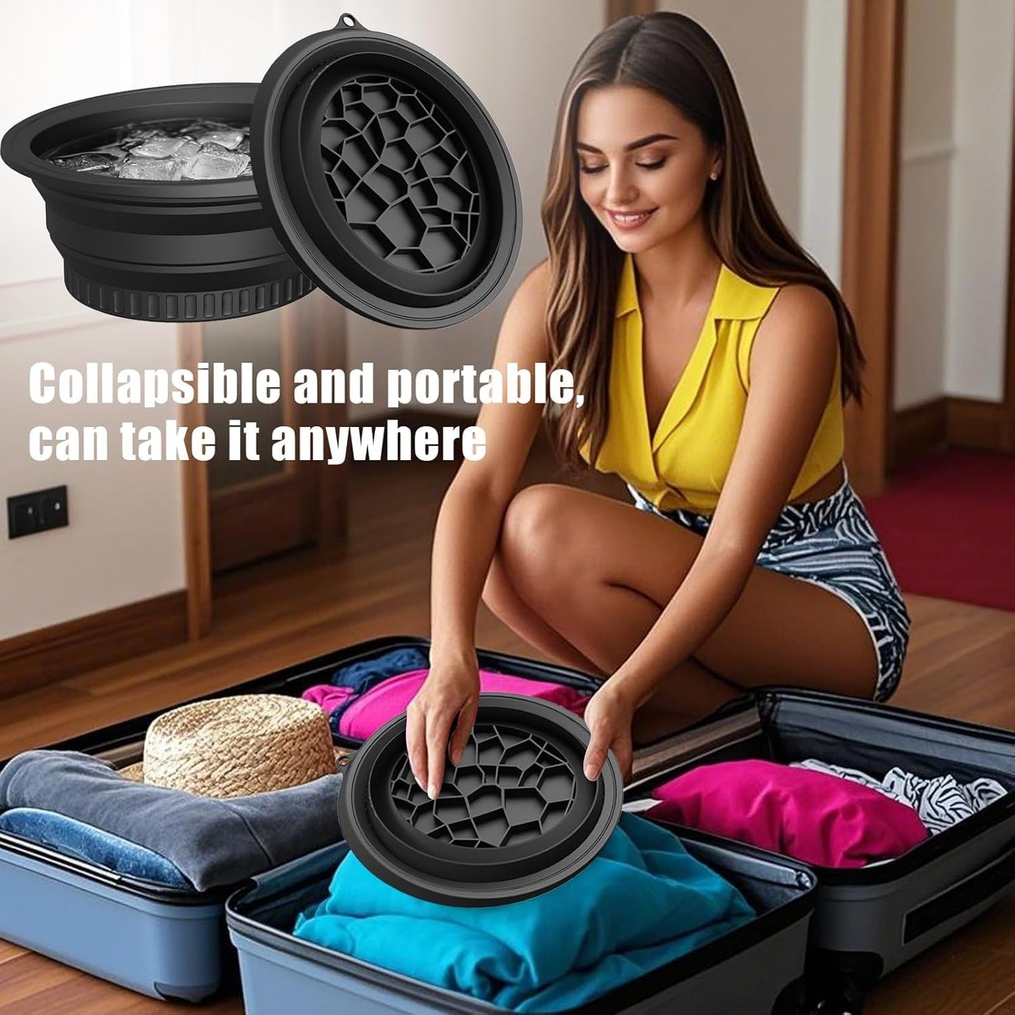 Amoner U collapsible silicone face bowl showing its dishwasher safe and flexible construction