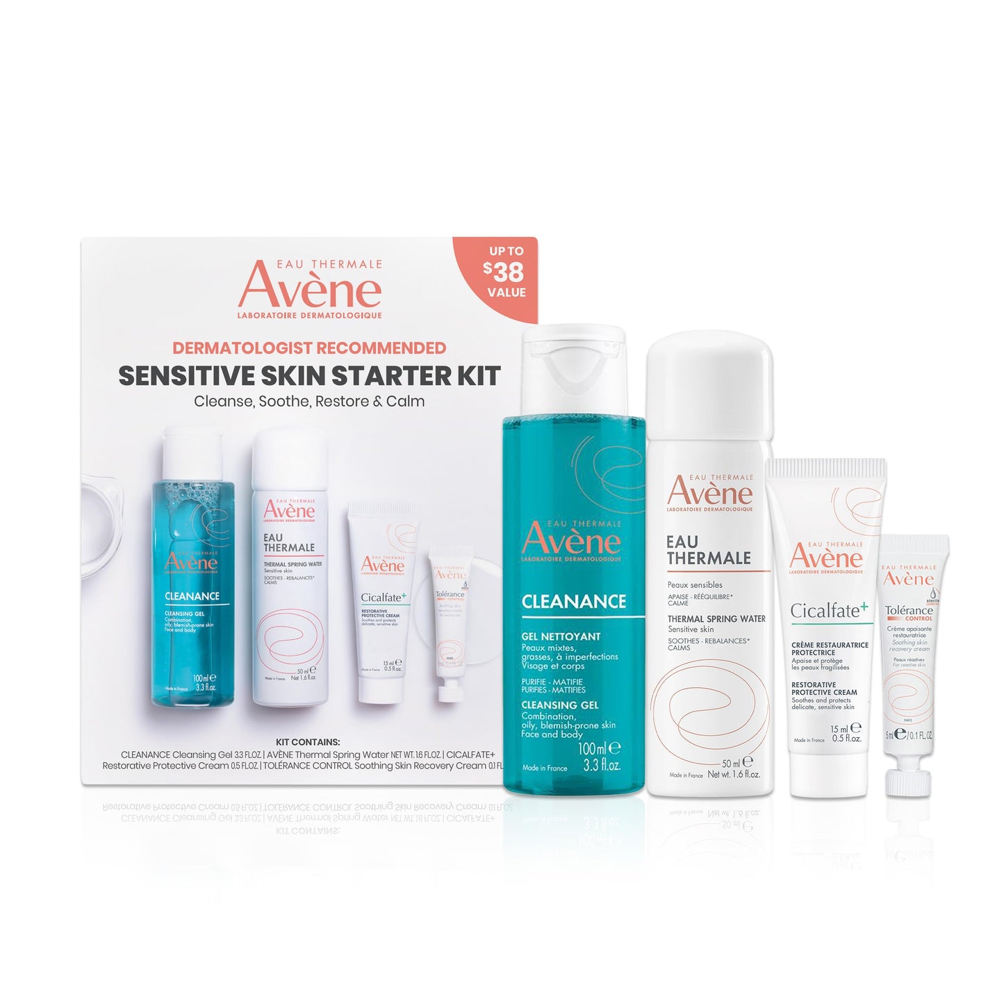 Avène Tolerance Control Soothing Skin Recovery Cream tube close up with cleansing gel from the sensitive skin set