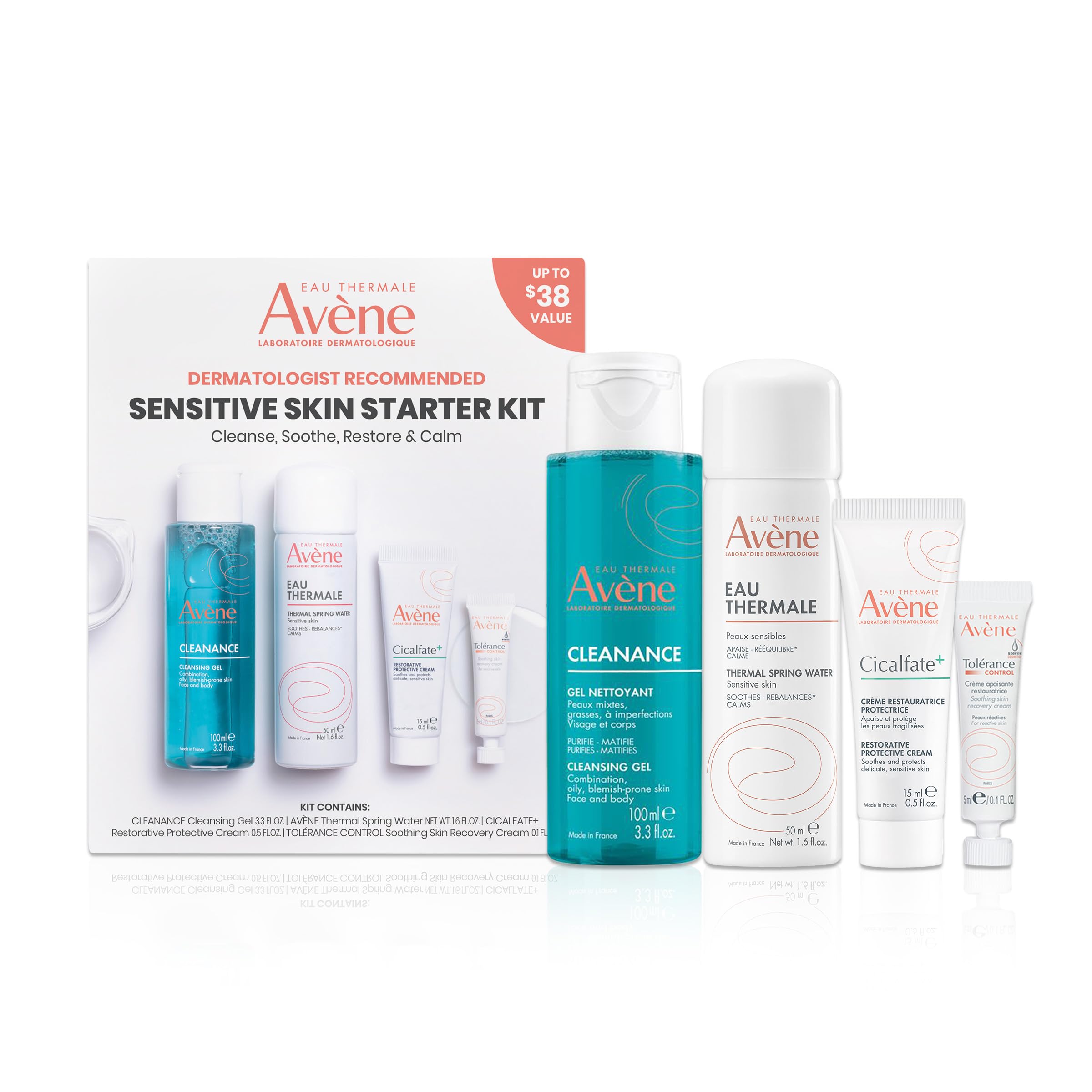 Avène Tolerance Control Soothing Skin Recovery Cream tube close up with cleansing gel from the sensitive skin set