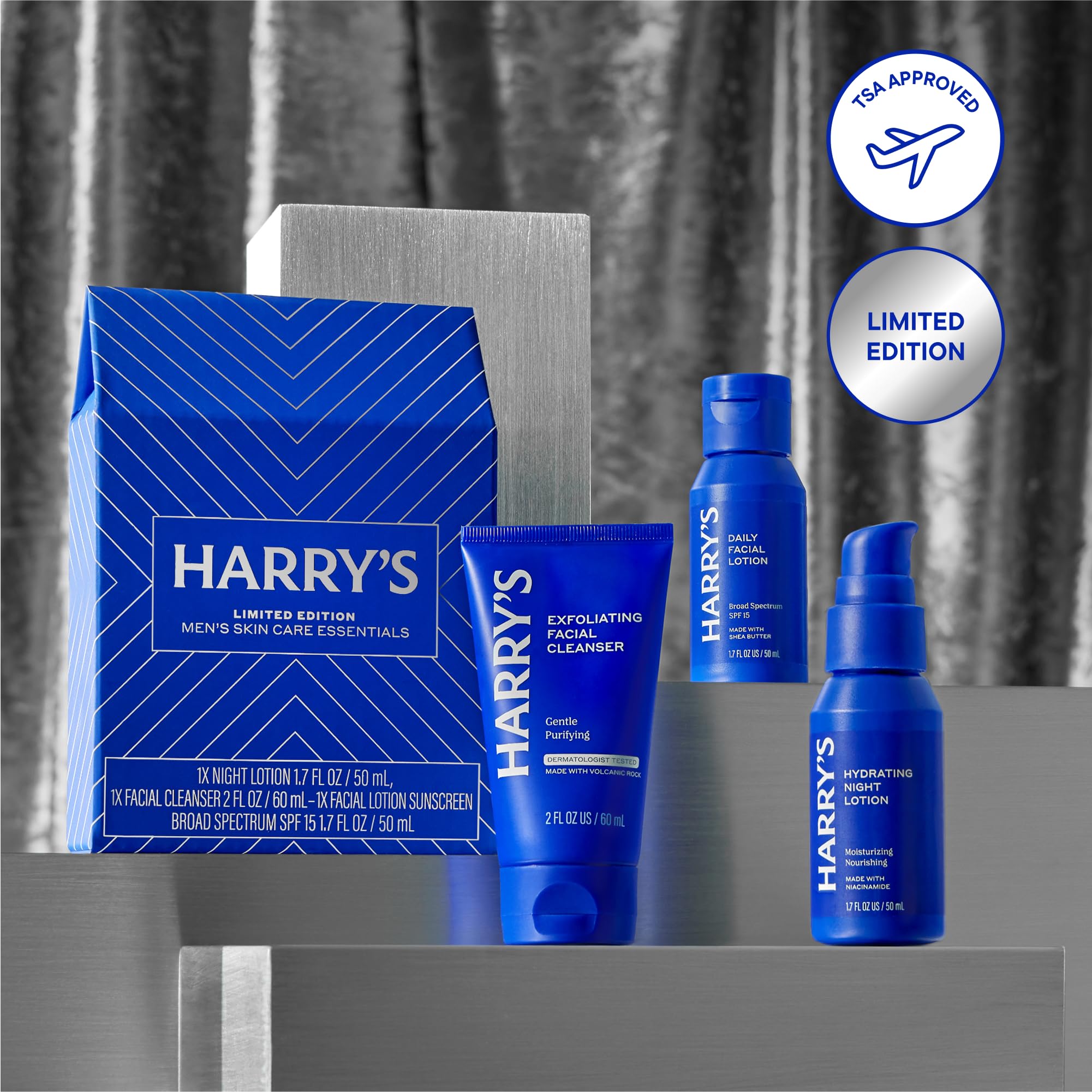 Harry's Exfoliating Face Wash two ounce tube highlighting the volcanic rock and eucalyptus ingredients.